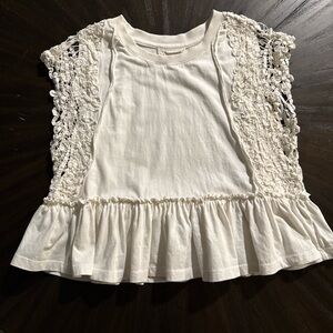 Anthropologie Cream Crochet-Trim Peplum Tee
